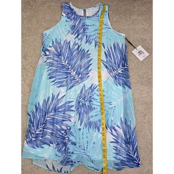 NWT Calvin Klein Palm Leaf Sleeveless Shift Dress Size 12 Lined Turquoise Blue - Picture 10 of 11
